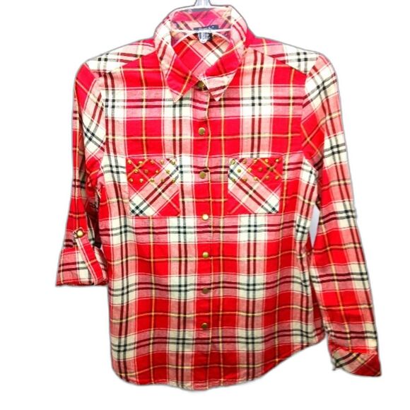 Rhapsody Western Snap Button Long Sleeve Button Down Shirt Red Plaid. Size M/M.. - Picture 1 of 12